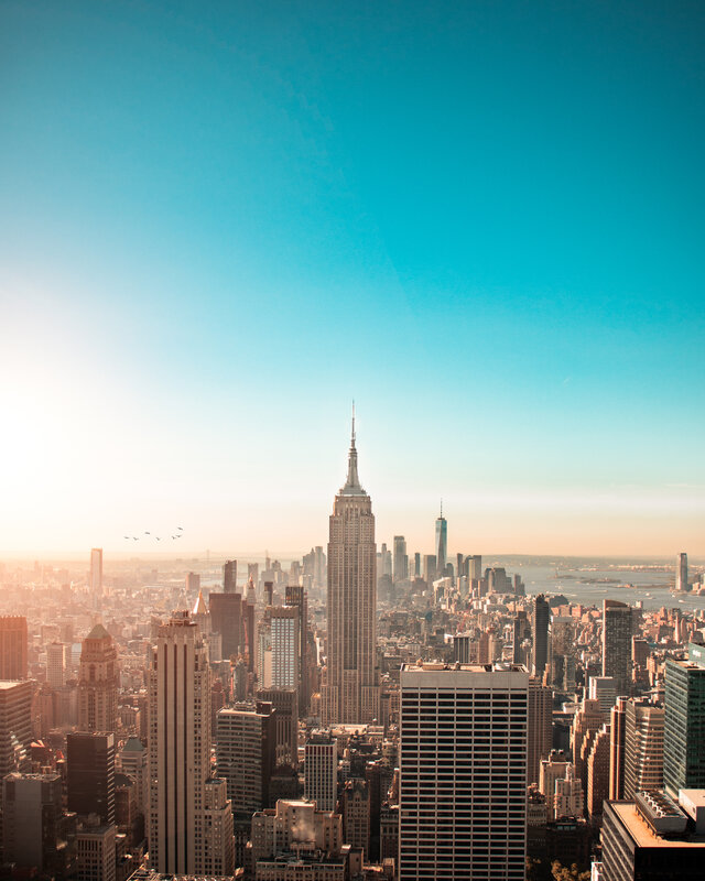 Empire State Building Skyline — Blue, Serene, Sunset, Photograph, Skyscrapers, Birds