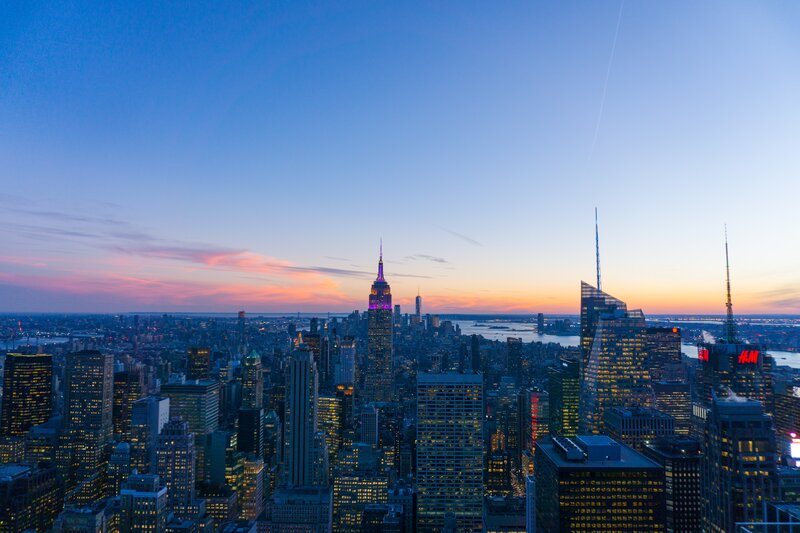 Empire State Building Skyline — Blue, Serene, Sunset, Photograph, Skyscrapers