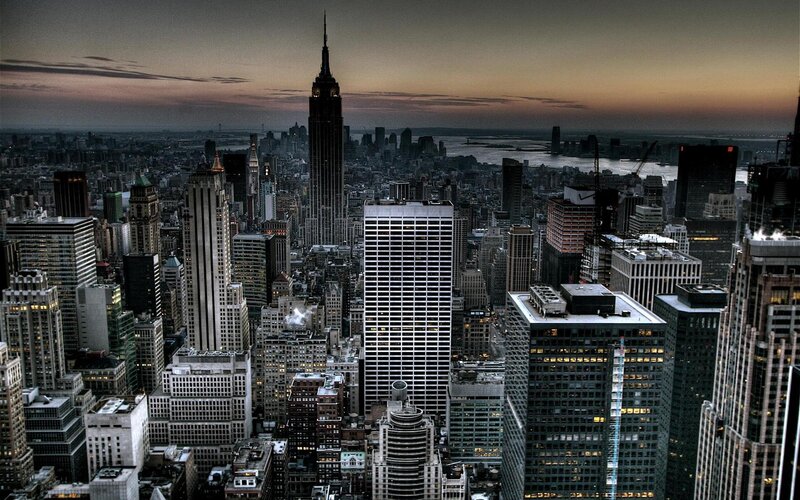 Empire State Building Skyline — Gray, Dramatic, Sunset, Photograph, Skyscrapers, River