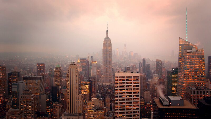 Empire State Building Skyline — Orange, Dramatic, Sunset, Photograph, Skyscrapers, Cityscape, Haze