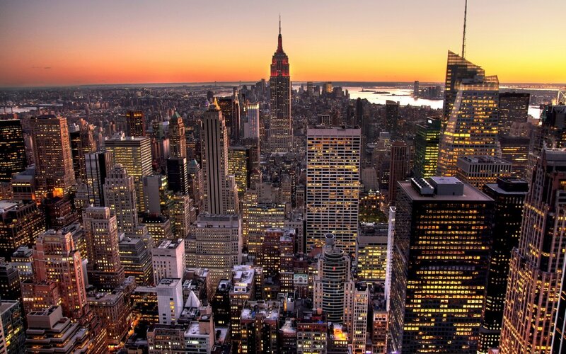 Empire State Building Skyline — Orange, Dramatic, Sunset, Photograph, Skyscrapers, Cityscape, River, Yellow