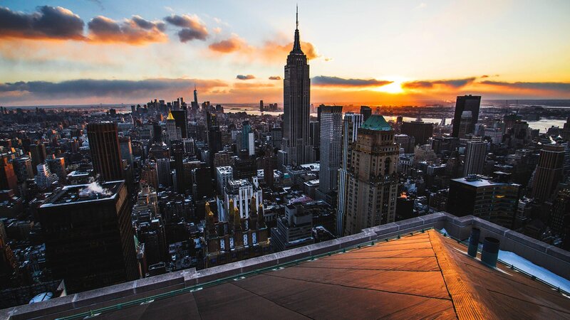 Empire State Building Skyline — Orange, Dramatic, Sunset, Photograph, Skyscrapers, Clouds, River