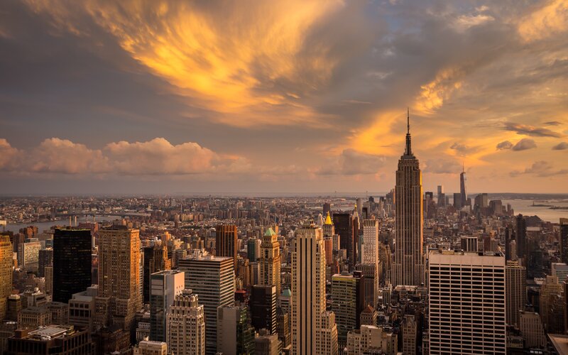 Empire State Building Skyline — Orange, Dramatic, Sunset, Photograph, Skyscrapers, Clouds