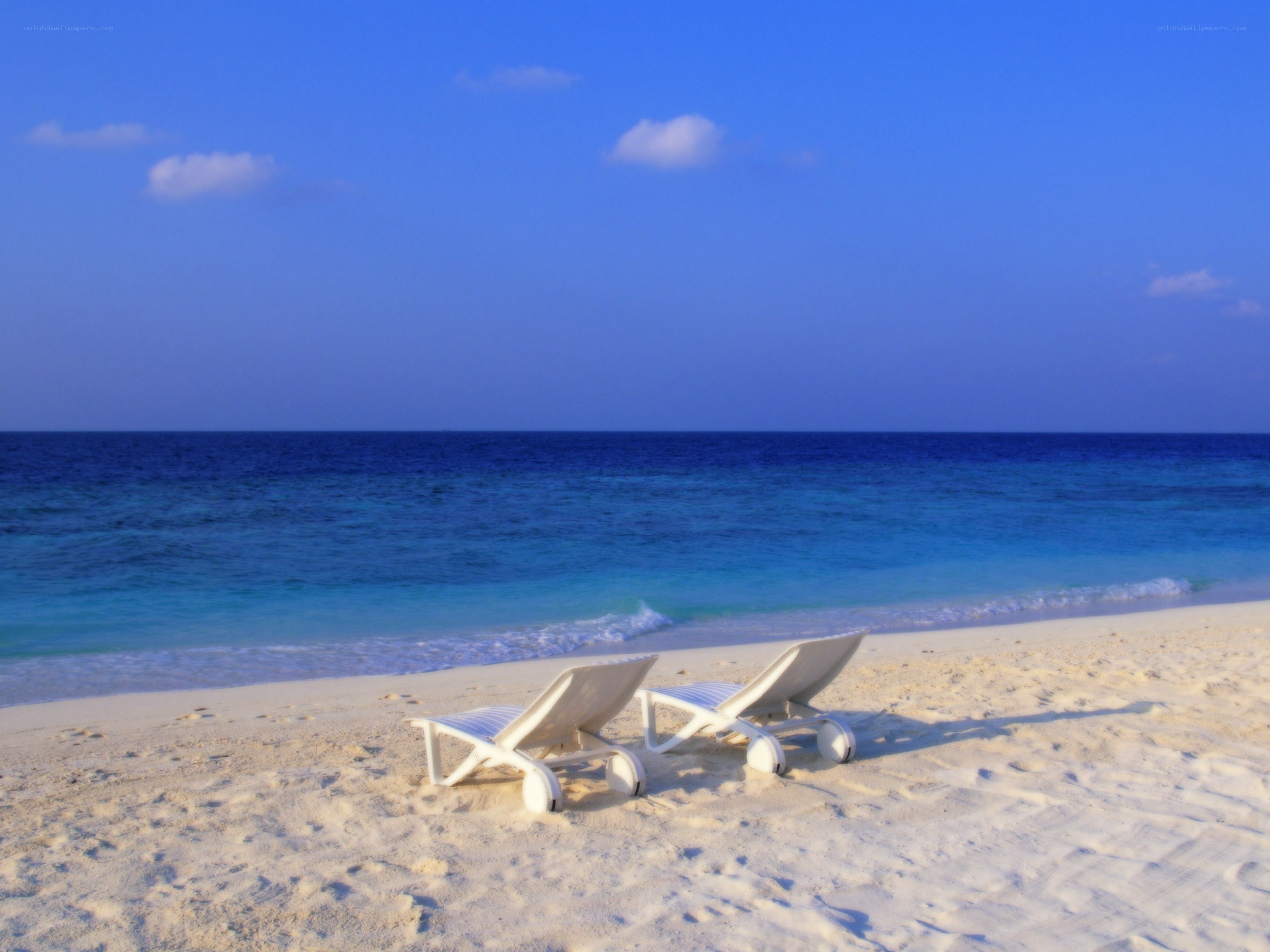 Empty beach chairs on a tropical shore