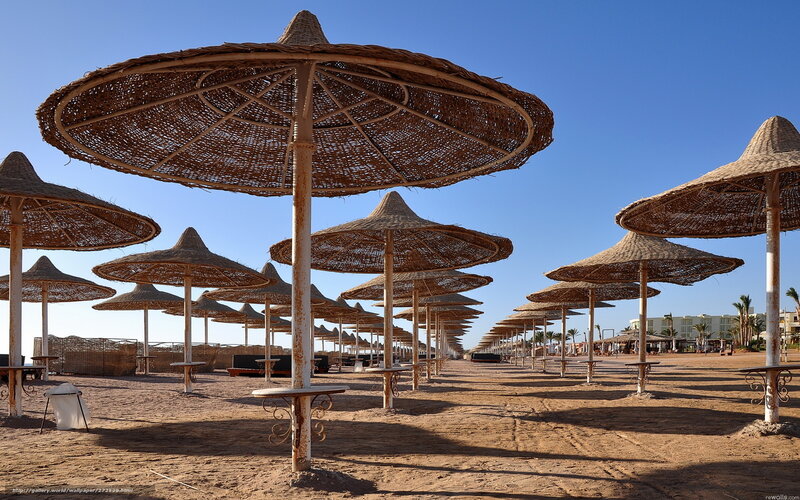 Empty beach umbrellas under blue sky