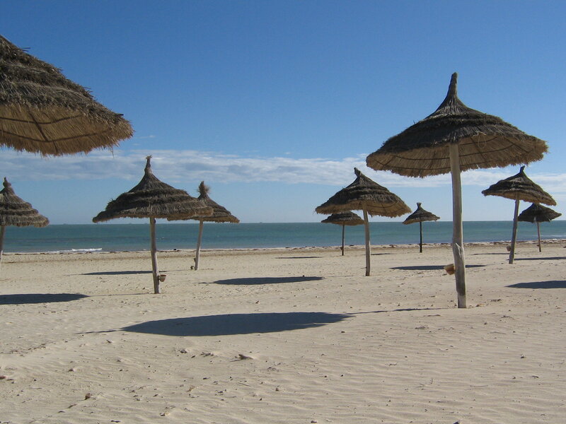 Empty beach with thatched umbrellas