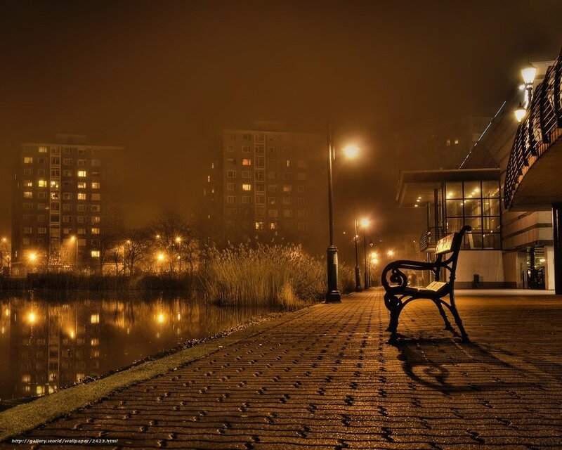 Empty bench at night by the water