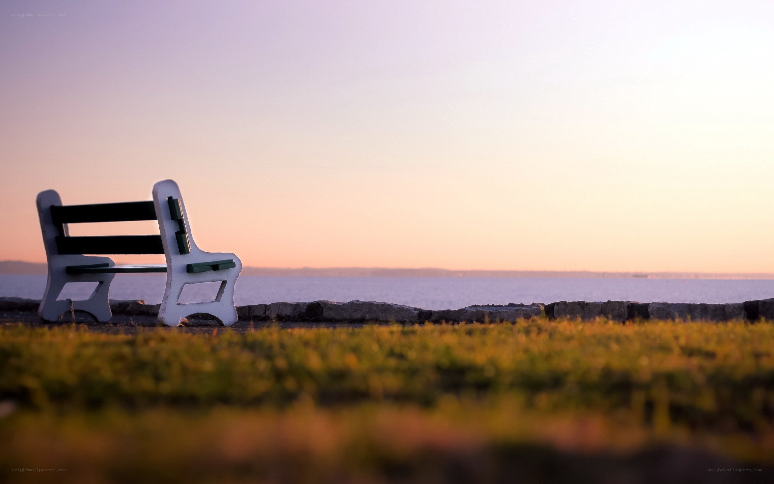 Empty bench at sunset by the water