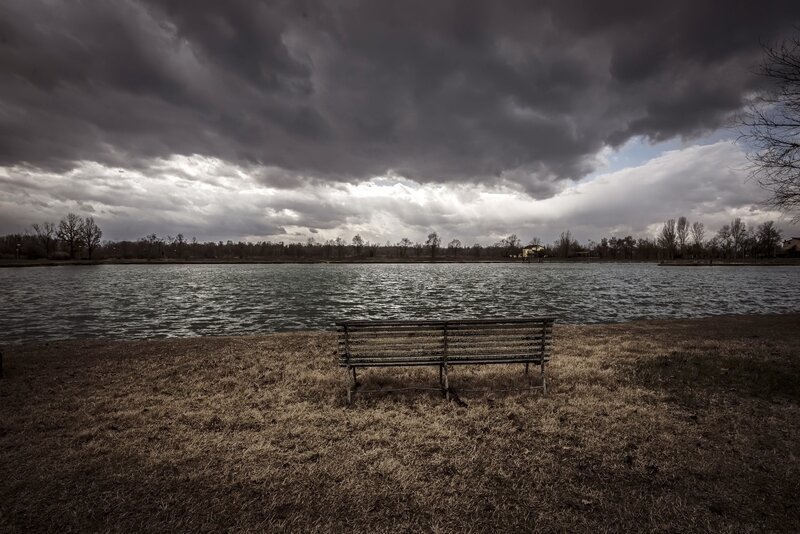 Empty Bench by Lake — Gray