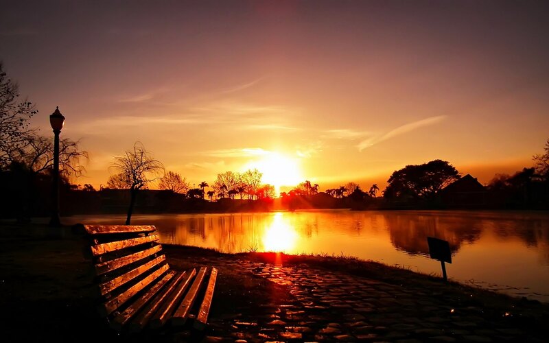 Empty Bench by Lake — Orange