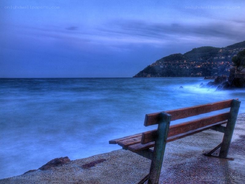 Empty bench by the sea