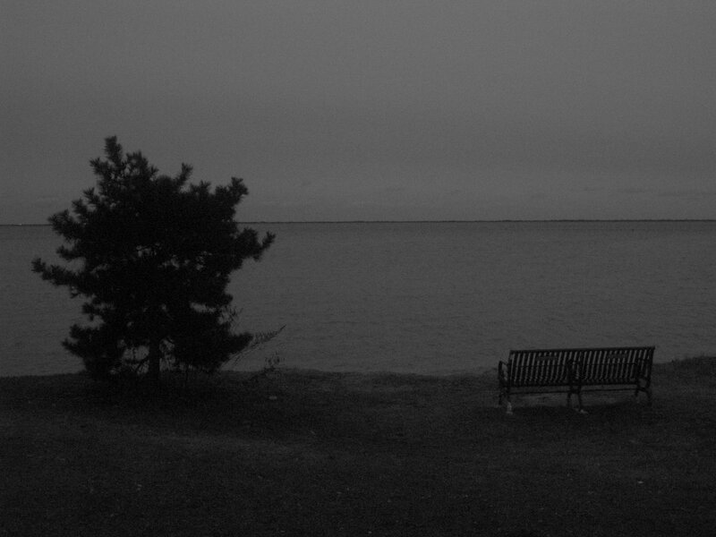 Empty bench by the water