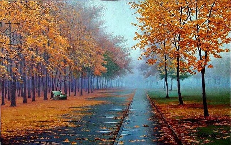 Empty Bench in Autumn Park — Orange
