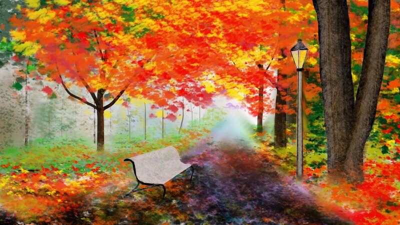 Empty Bench in Autumn — Red, Serene
