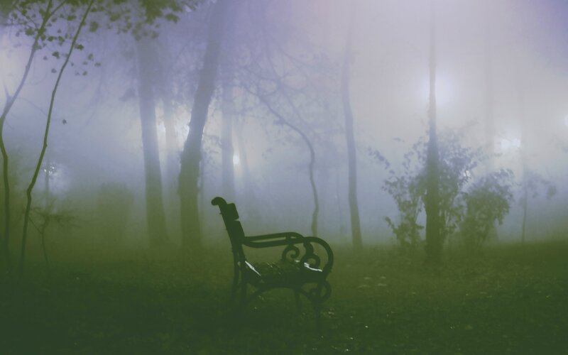 Empty Bench in Fog — Green, Mysterious