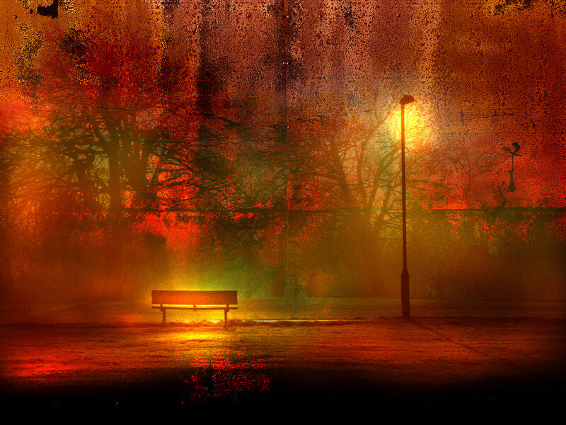 Empty Bench in Fog — Orange