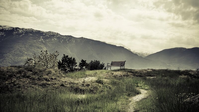 Empty Bench in Mountains — Green