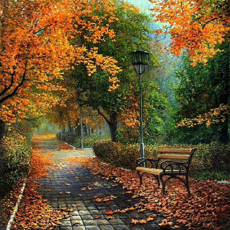 Empty Bench in Park — Orange, Serene, Autumn, Painting, Lamppost