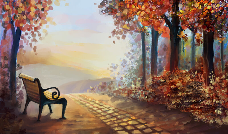 Empty Bench in Park — Orange, Serene, Autumn, Painting, Trees