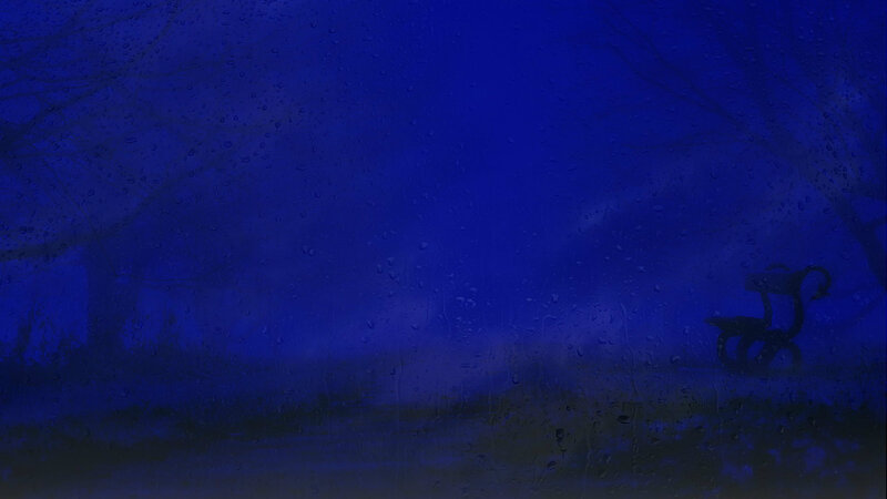 Empty Bench in Rain — Blue
