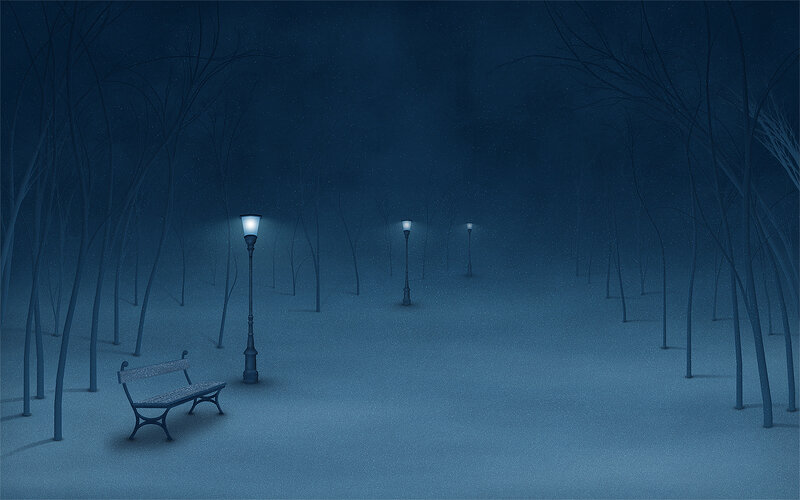 Empty Bench in Snow — Blue