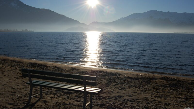 Empty Bench on Beach — Blue, Serene, Morning, Photograph