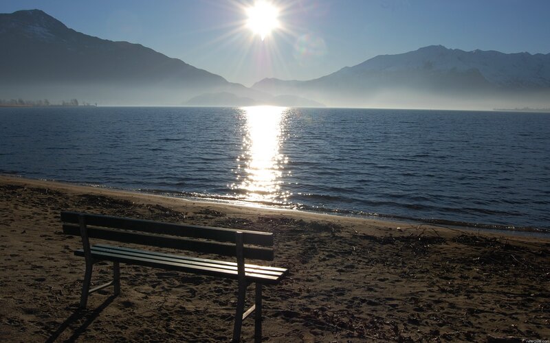 Empty Bench on Beach — Blue, Serene, Morning