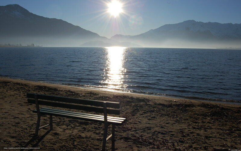 Empty Bench on Beach — Blue, Serene