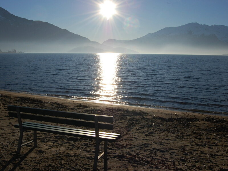 Empty Bench on Beach — Blue