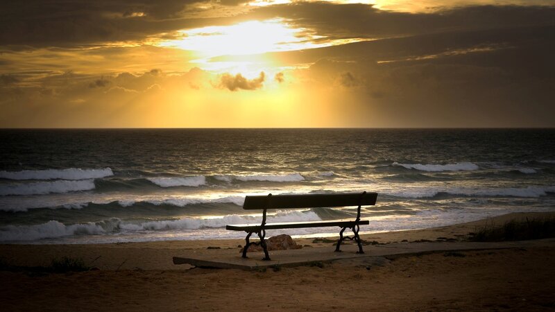 Empty Bench on Beach — Gold