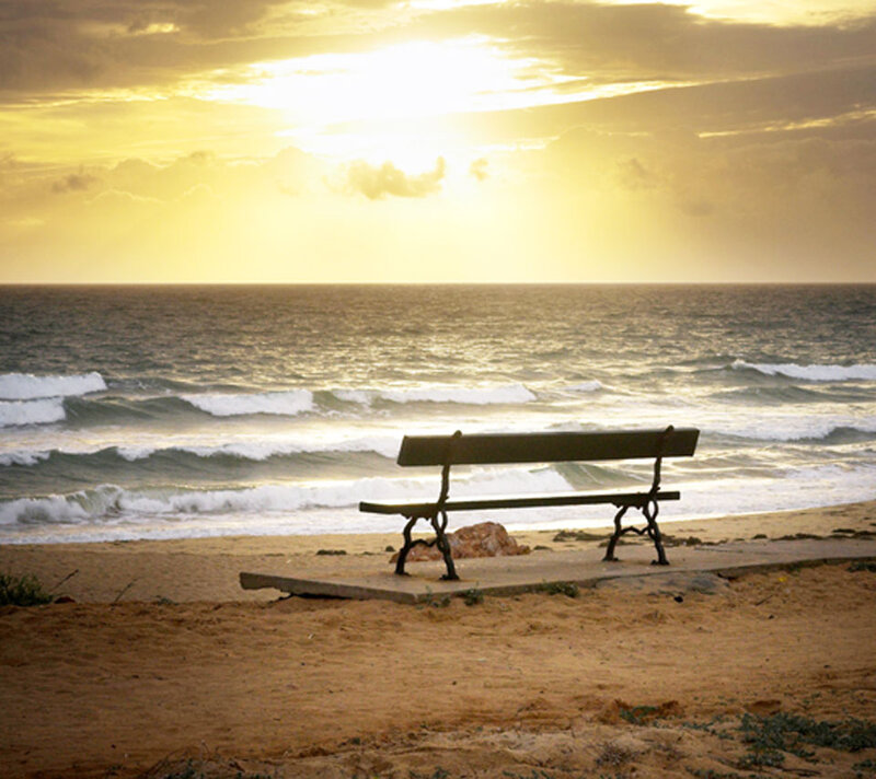 Empty Bench on Beach — Yellow