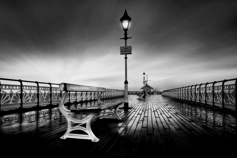 Empty Bench on Pier — Black, Dramatic