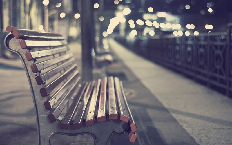 Empty Bench on Sidewalk — Gray