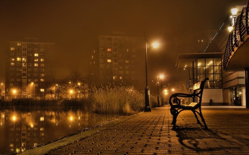 Empty Bench on Walkway — Orange
