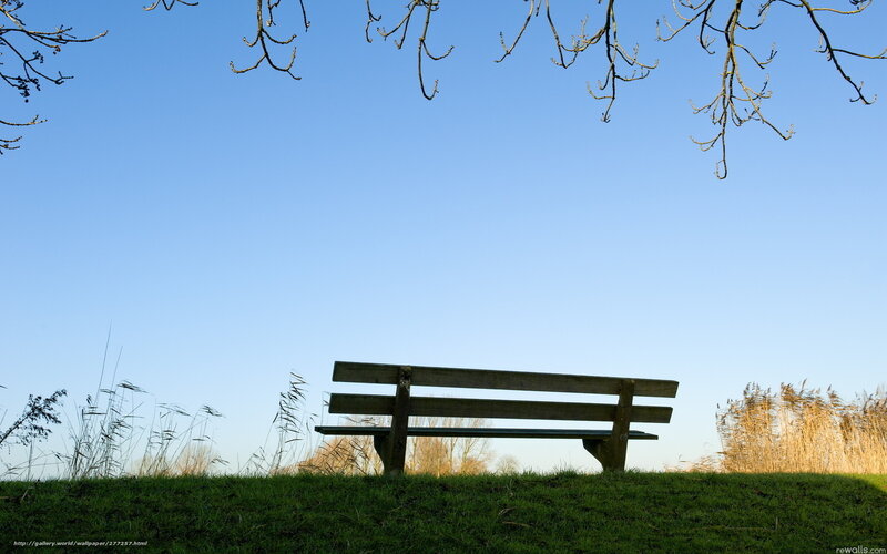 Empty bench under blue sky
