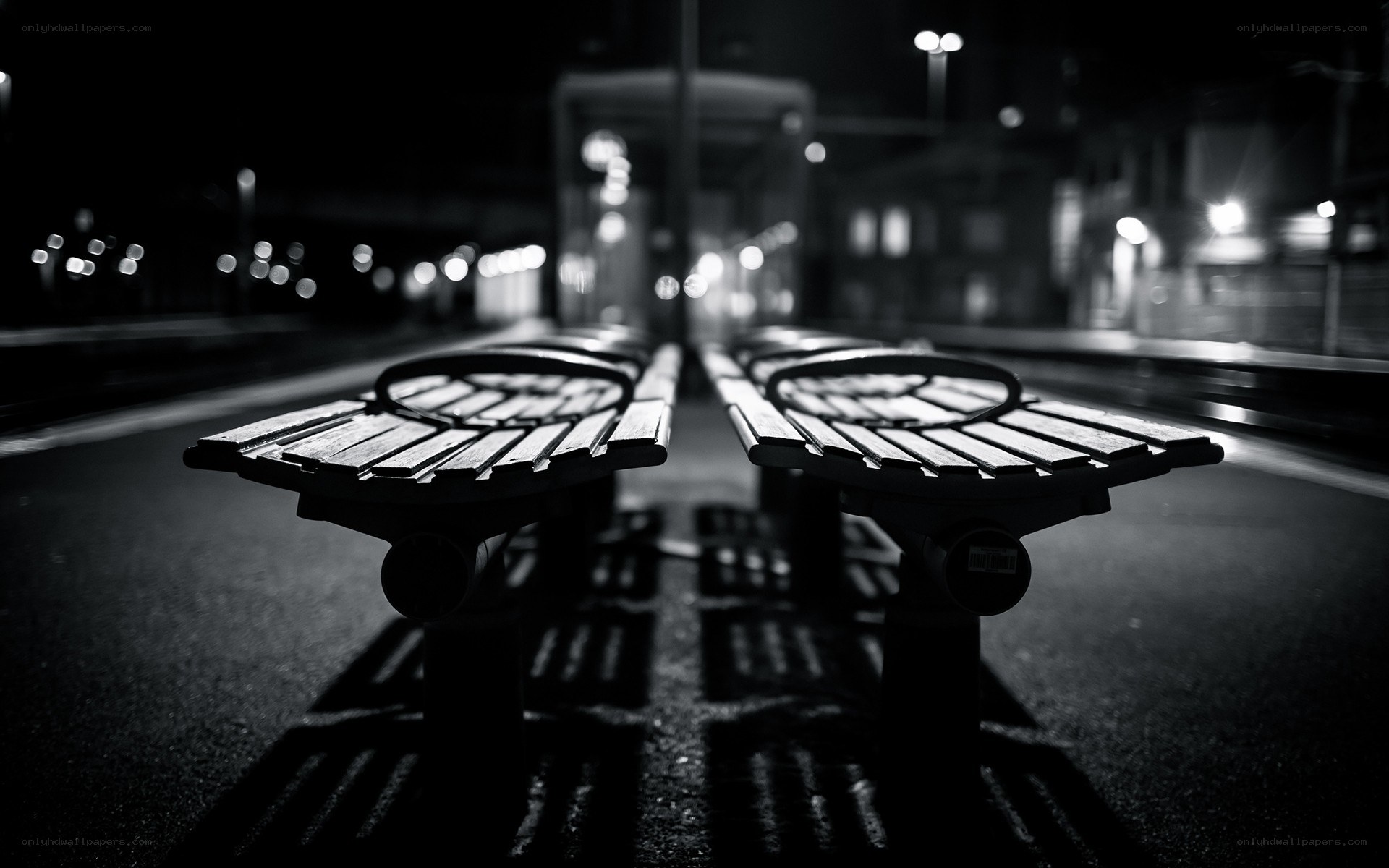 Empty benches at night