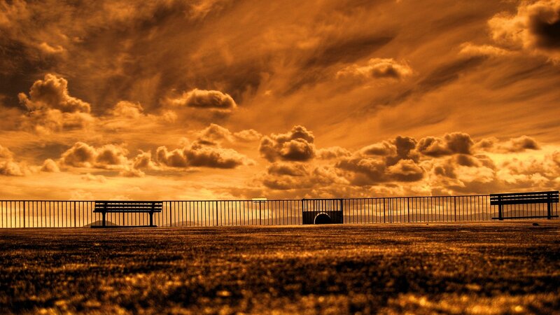 Empty Benches at Sunset — Orange