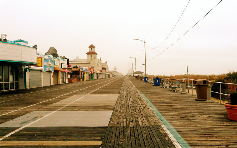 Empty boardwalk on a foggy day