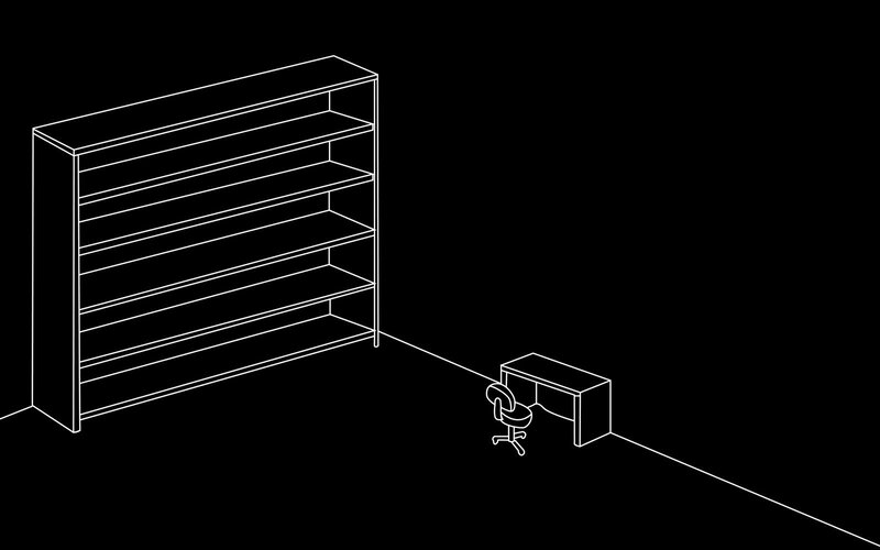 Empty Bookshelf and Desk — Black, Minimalist, Vector Art, Office Chair