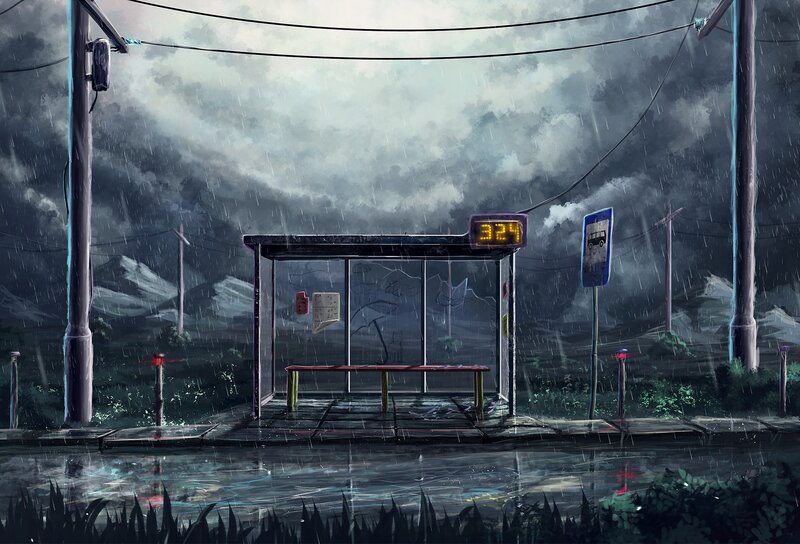 Empty Bus Stop in Rain