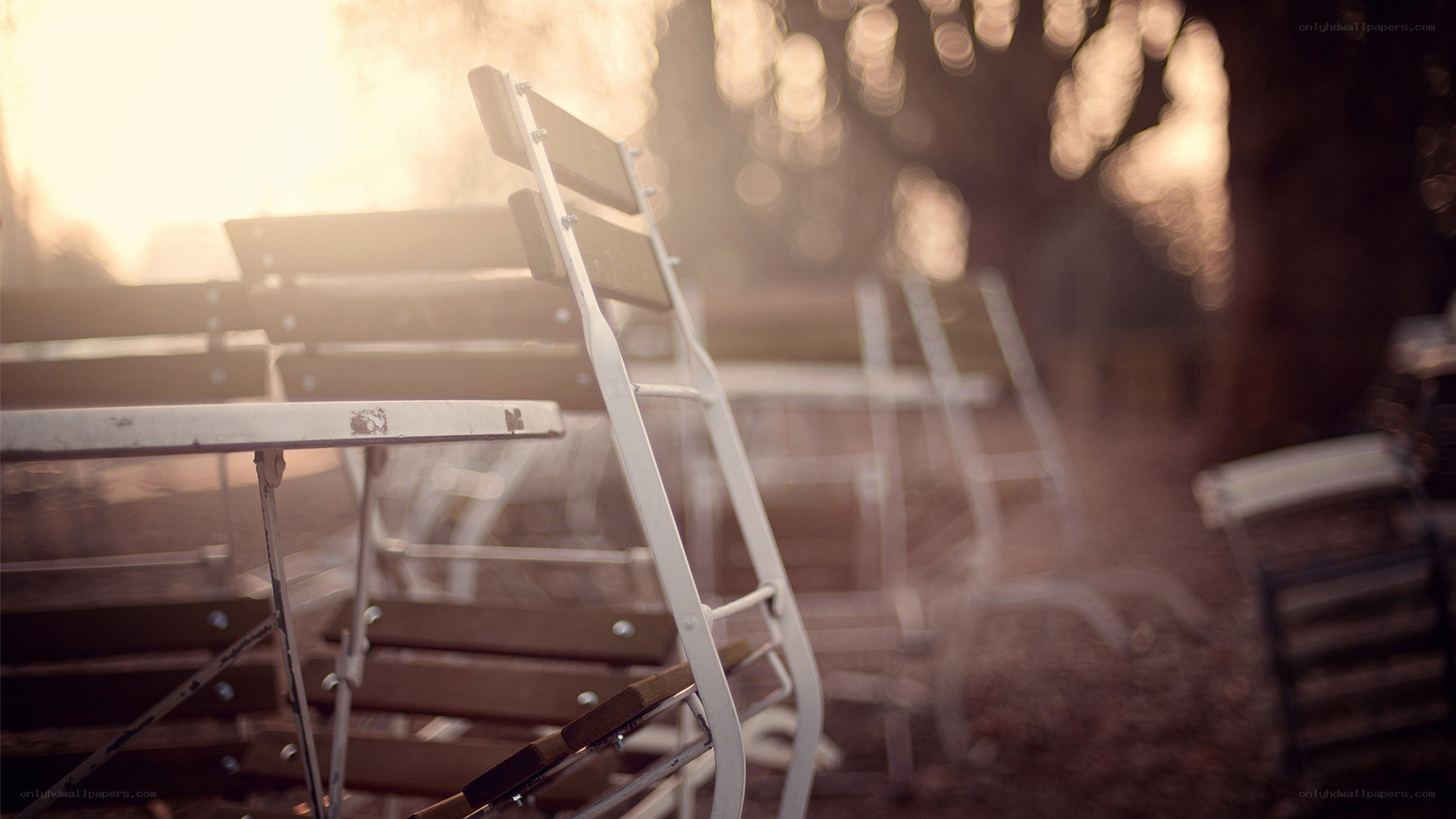 Empty chairs in golden light