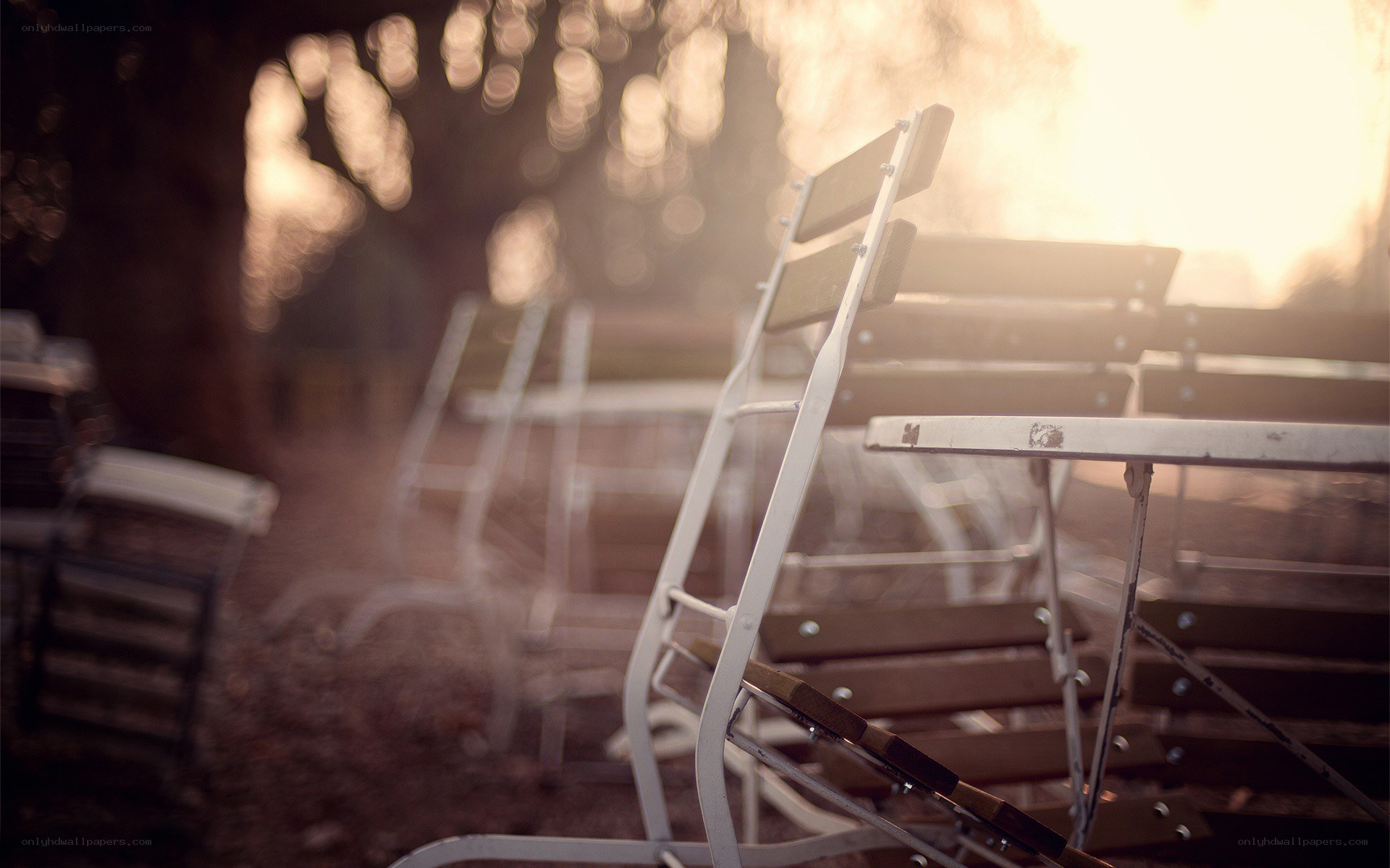Empty chairs in golden light