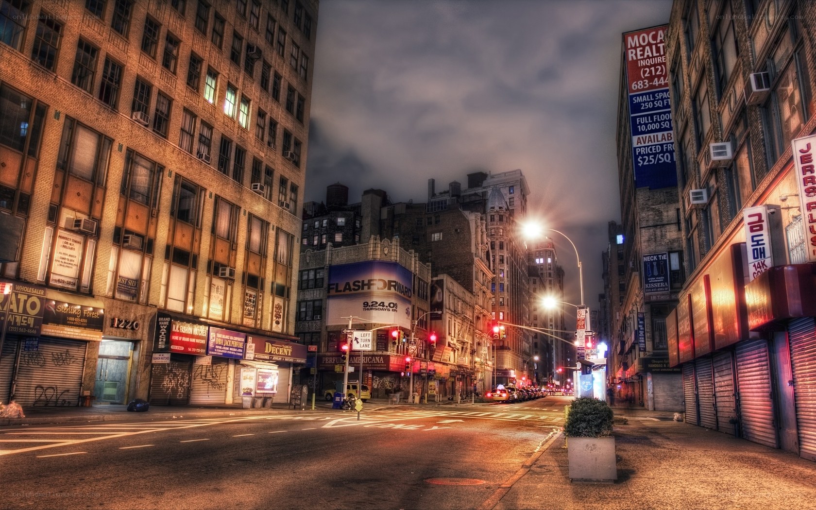 Empty city street at night