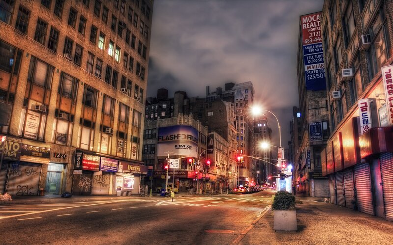 Empty City Street at Night — Orange, Dramatic, Photograph, Buildings