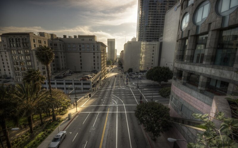 Empty city street at sunset