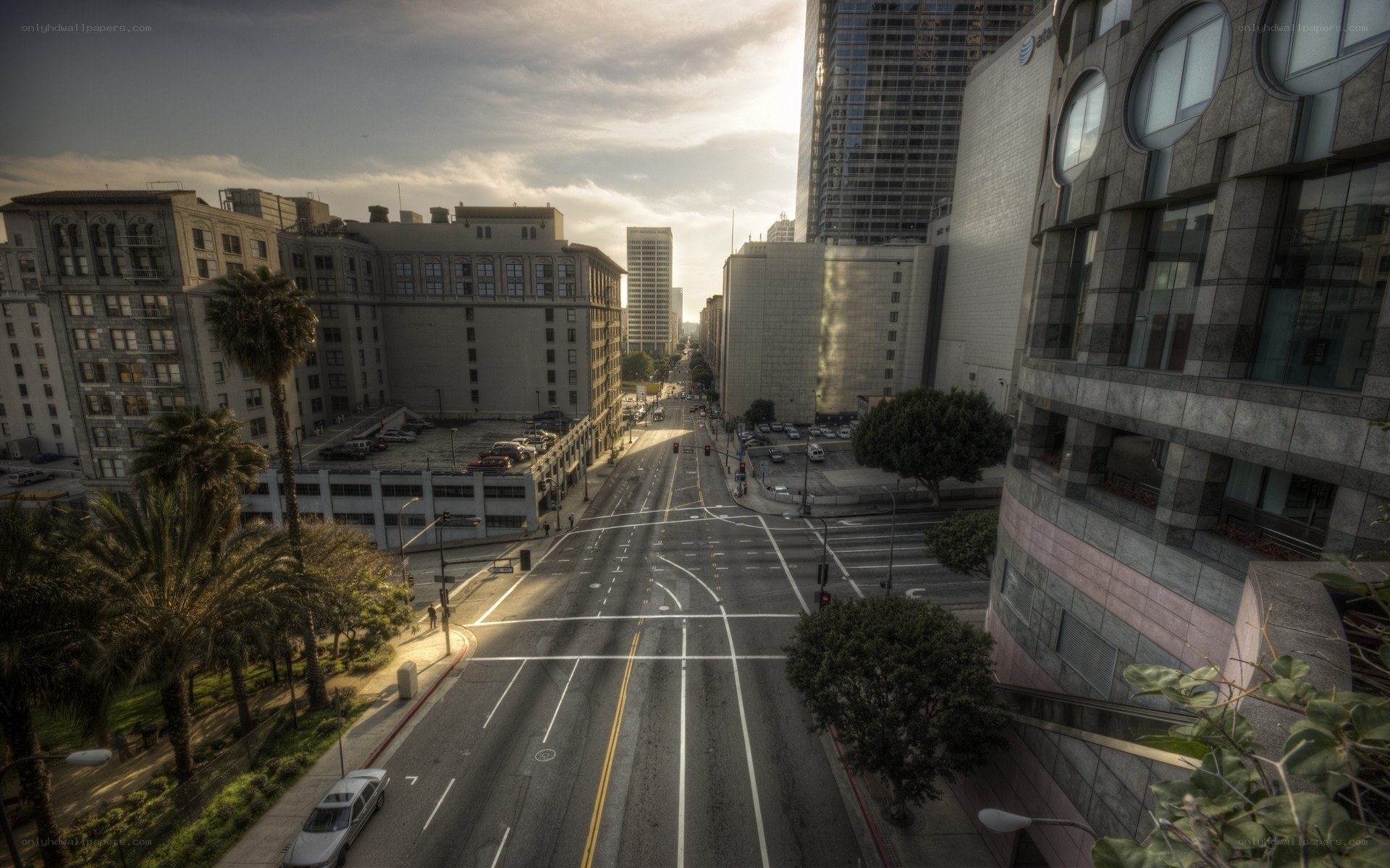 Empty city street at sunset