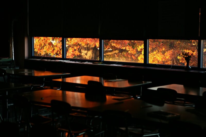 Empty Classroom with Autumn Trees