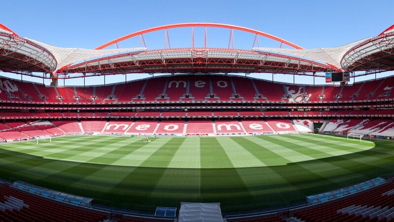 Empty Football Stadium — Red, Serene, Afternoon