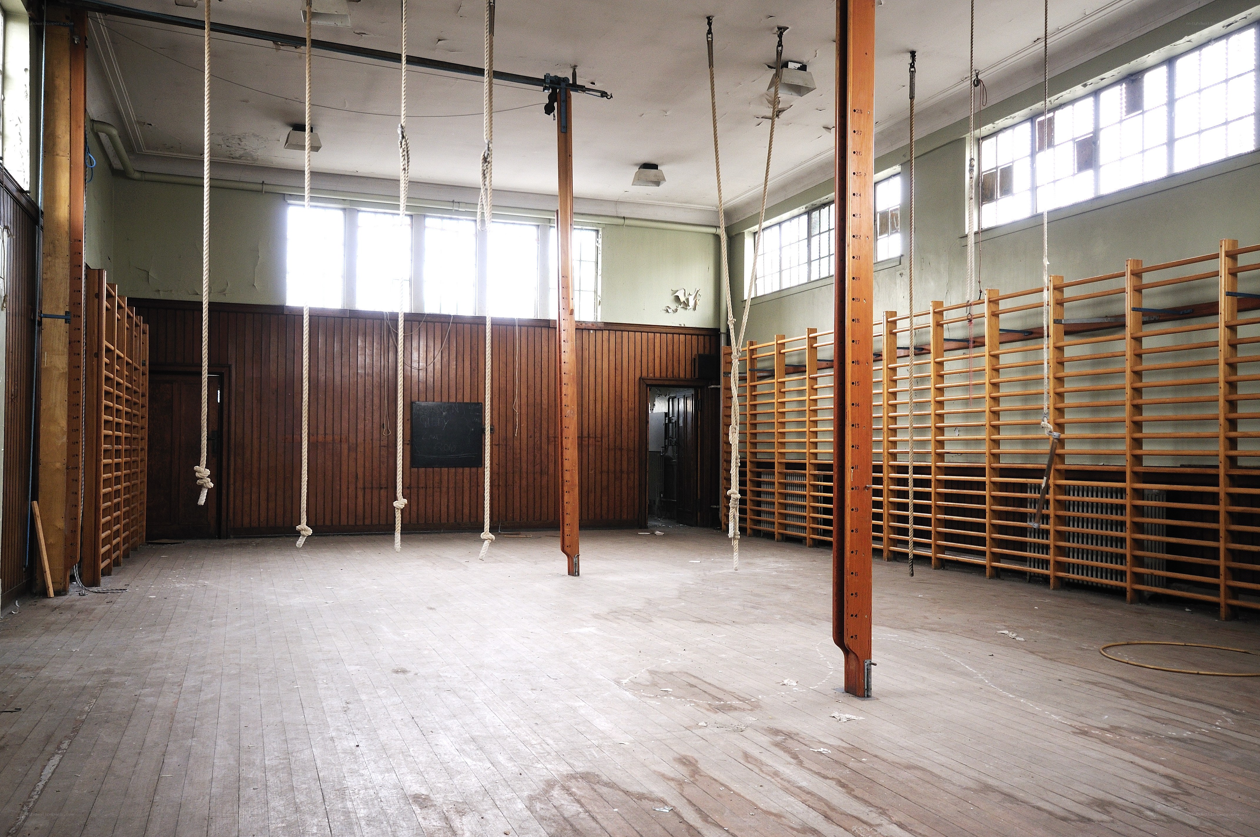 Empty gymnasium with ropes and ladders