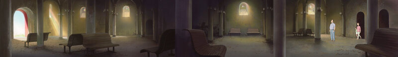empty hall with benches